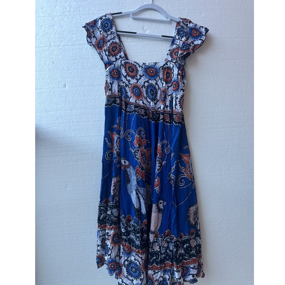 Shanty.JP‎ Batik Floral Bird Print Flutter Sleeve Midi Dress Summer Boho Blue